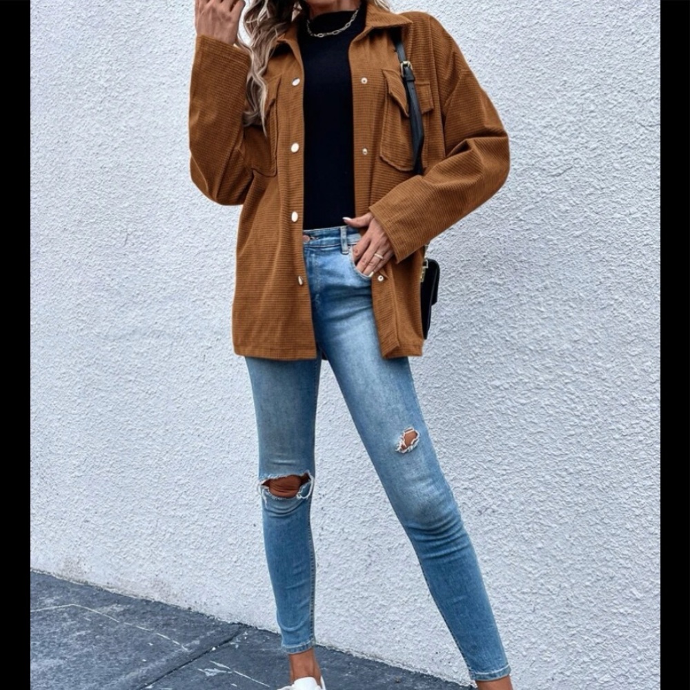 ✨SOLD NWT flap pocket drop shoulder coat shacket Large rust brown - Picture 2 of 4